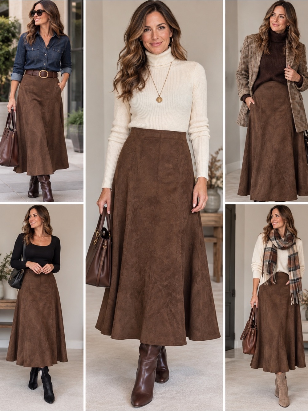 Brown Faux Suede A-Line Midi Maxi Skirt Liz Claiborne Boho Western Women’s 12